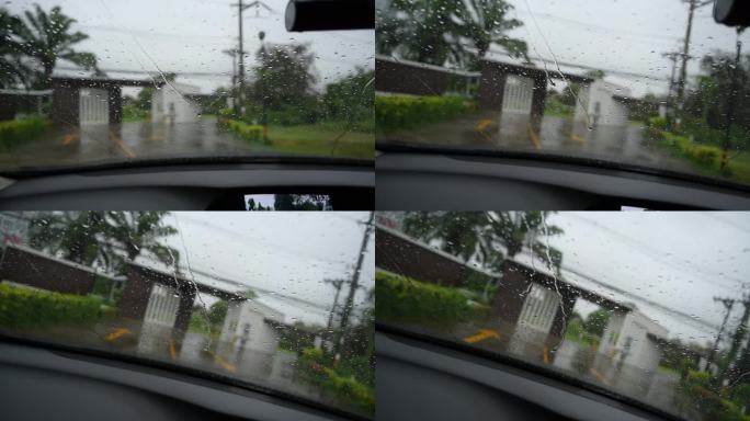 慢镜头，雨天开车，雨刮器擦去雨点