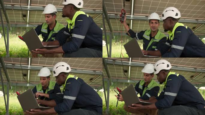 电气工程师正在检查太阳能电池板的发电性能。