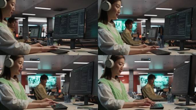 亚洲女性游戏程序员在游戏设计工作室的桌面电脑上编程。女人一边听音乐，一边写代码。新沉浸式3D生存视频