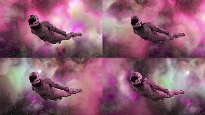 宇航员飞过紫色的云。空间。太空服。霓虹灯的颜色。云围绕着宇航员旋转。银河系。