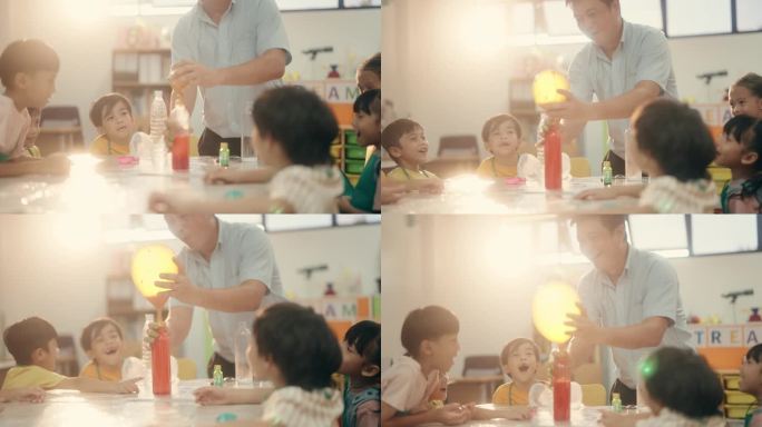教育发现:小科学家在课堂上享受泡泡火山实验。幼儿园。回到学校。