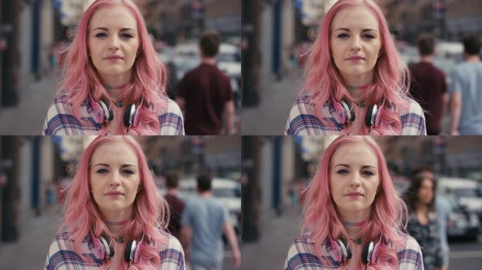 城市里一头粉红头发的白人女孩的慢动作肖像