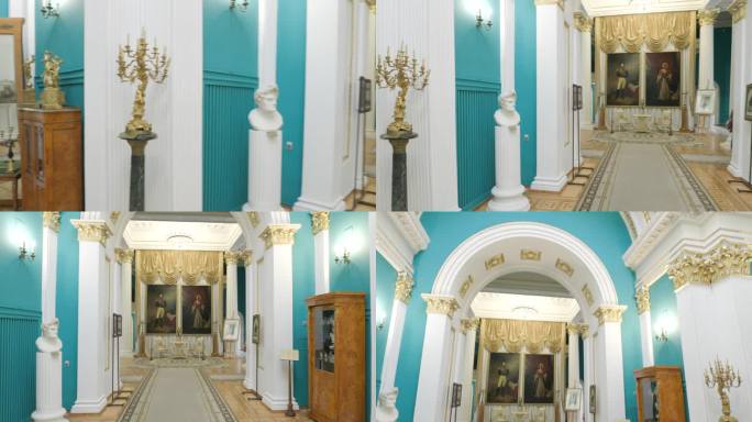 重建19世纪房屋的内部。博物馆展览。美丽与成熟。贵族的概念。古董家具和枝形吊灯。旧接待厅