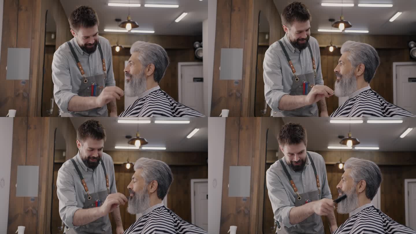 在现代理发店里，开朗的理发师在照顾顾客梳理胡须，谈笑风生