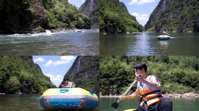 4K乡村旅游天然峡谷漂流男人划船