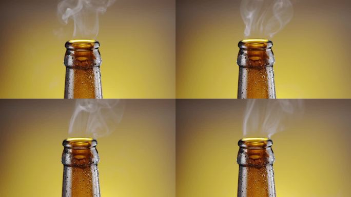 用开瓶器打开啤酒瓶，瓶盖飞向背景，啤酒气体的冷凝物从瓶口处上升。
