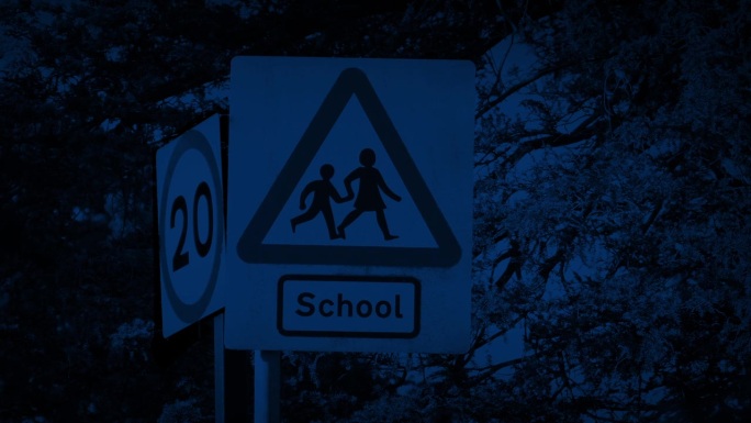 学校标牌在晚上深夜马路学校路牌