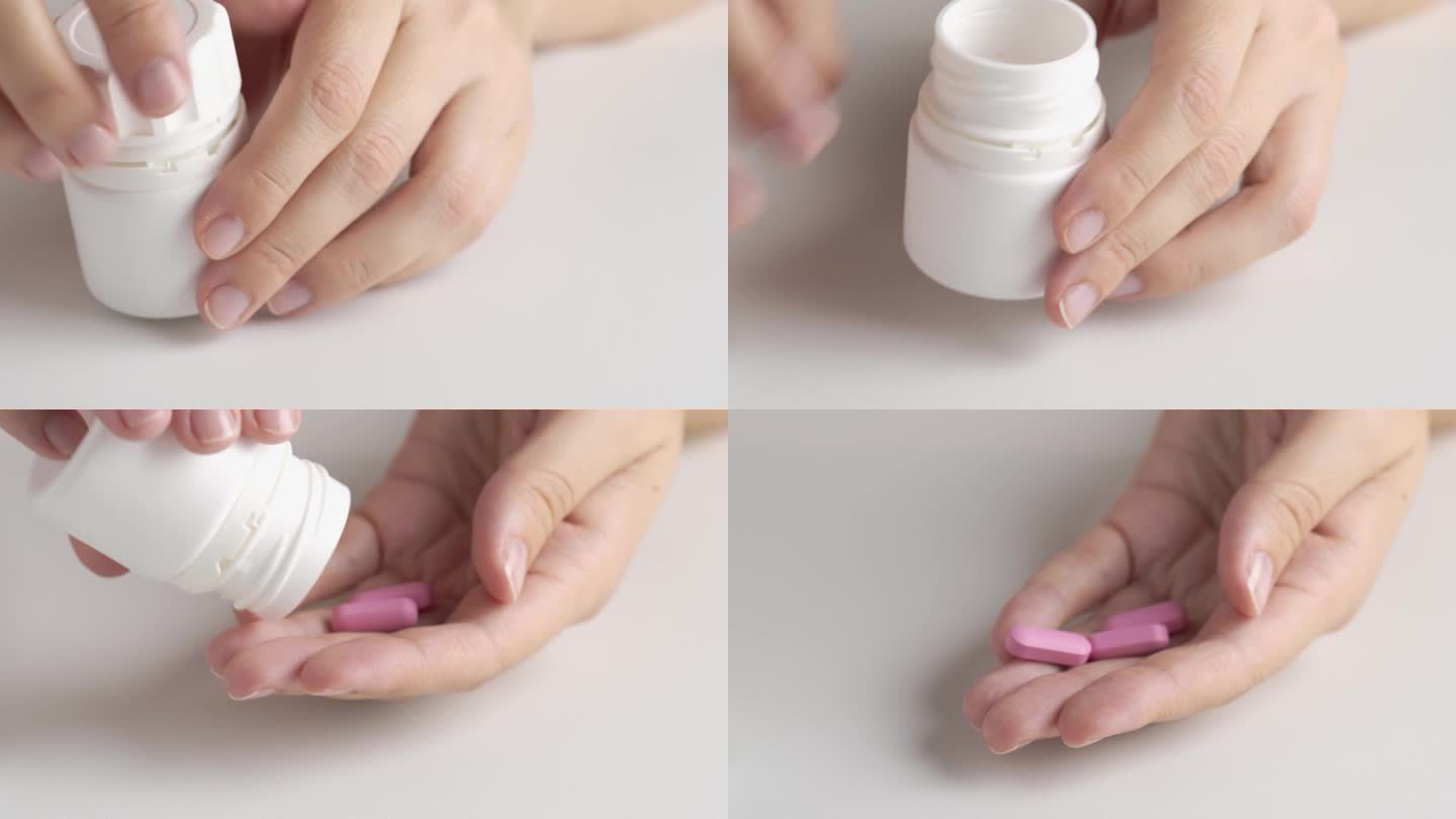 双手打开一个粉红色药片的小瓶子。女人从瓶子里拿药吃。一个女人把药丸或维生素从罐子里倒进她的手掌。