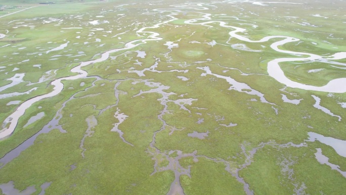 甘肃省阿旺仓湿地的空中倾斜视图