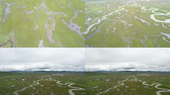 甘肃省阿旺仓湿地的空中倾斜视图