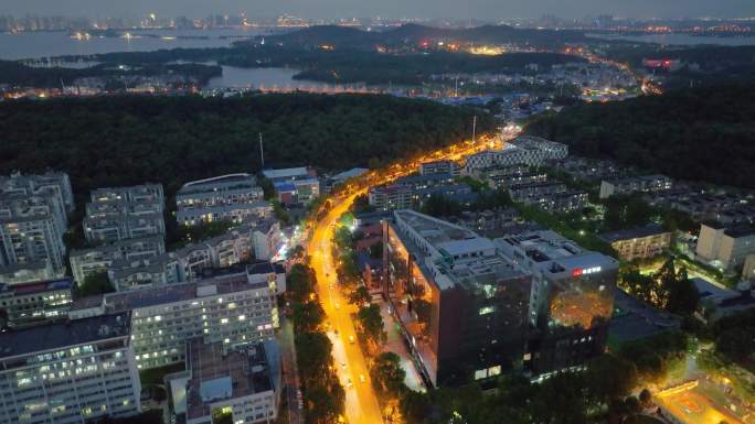 湖北武汉洪山区夜晚夜景航拍车流交通高楼大