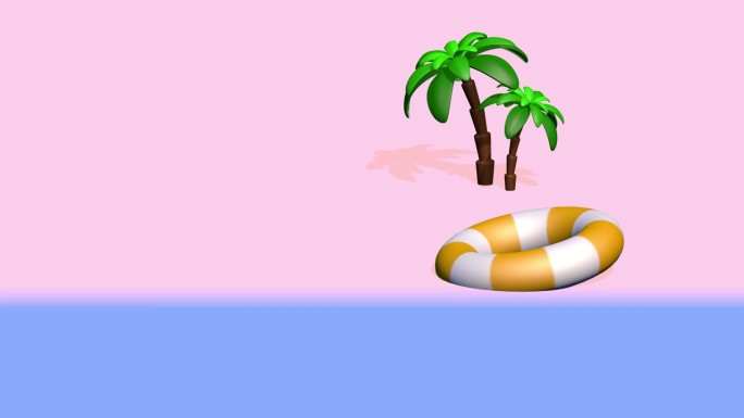 海边的两棵棕榈树，沙滩上的太阳镜和充气戒指。3D夏季动画。