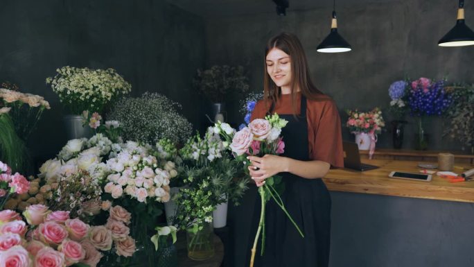 20多岁的花店女老板满怀爱意地制作花束，享受着他的工作。花艺，零售，小生意
