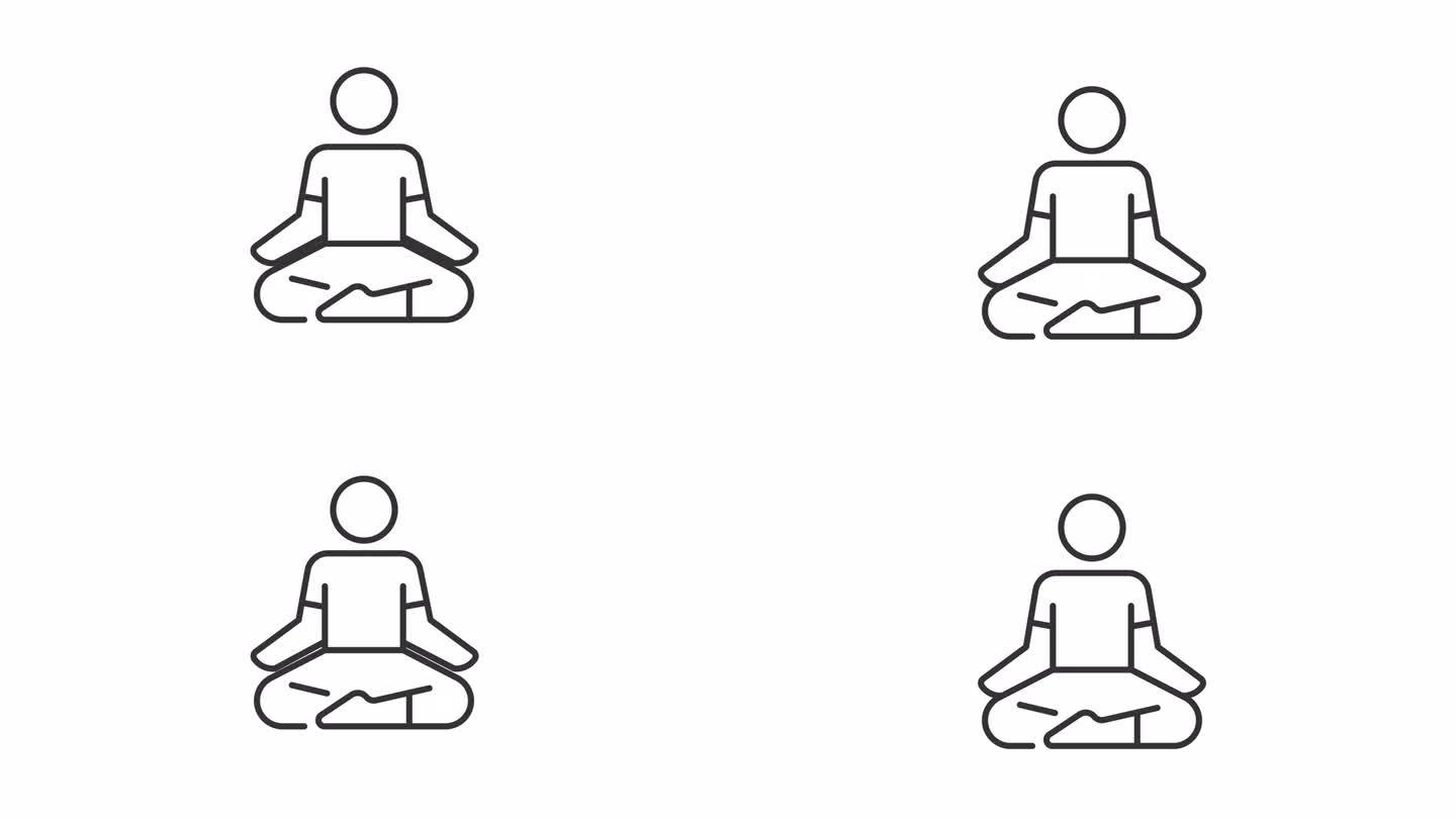 黑色简单细线动画瑜伽姿势，透明背景高清视频，无缝循环4K视频代表冥想