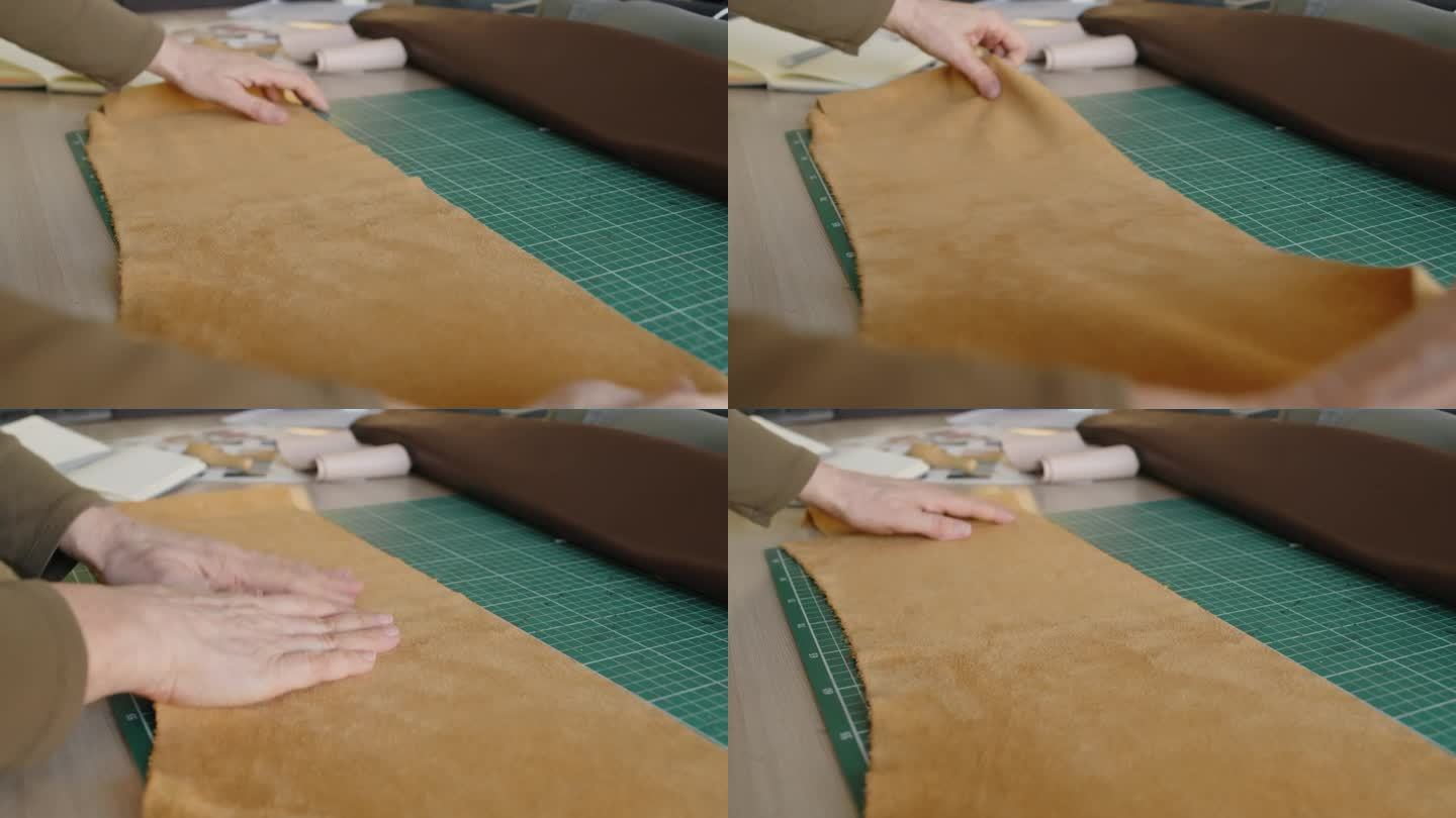 女裁剪师的手在工作台上打磨皮革