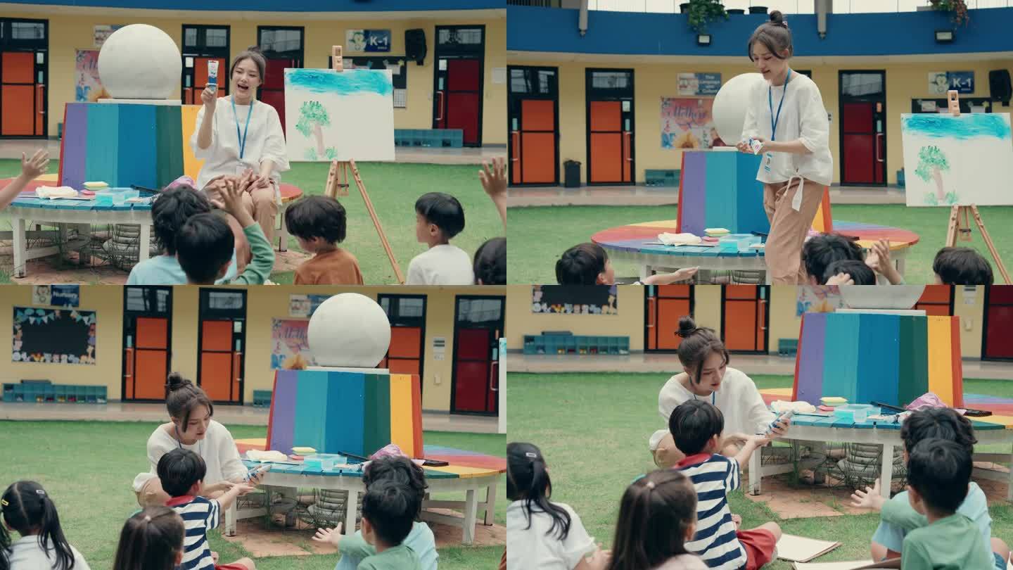 学生跟随年轻女老师学习水彩画。幼儿园。回到学校。