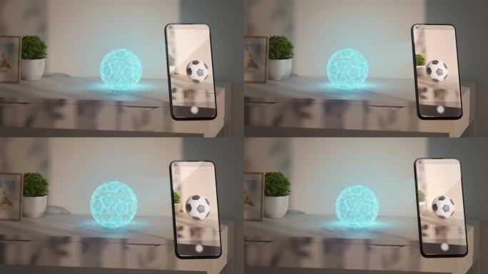 足球全息图站在桌上电话显示增强现实