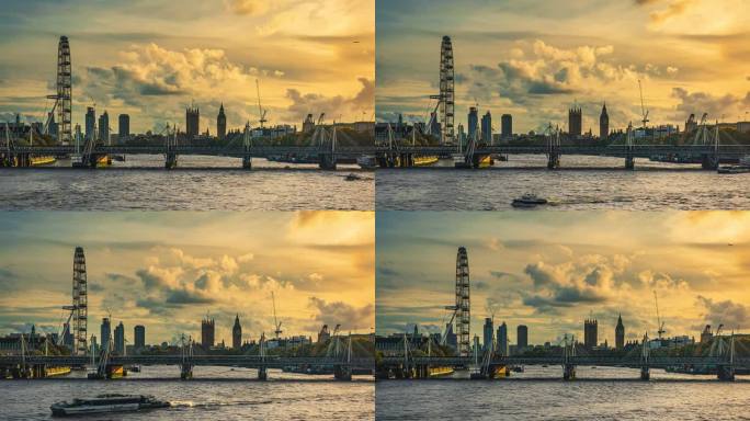 英国，英国，日落时分，大本钟、议会大厦和伦敦眼的延时景观