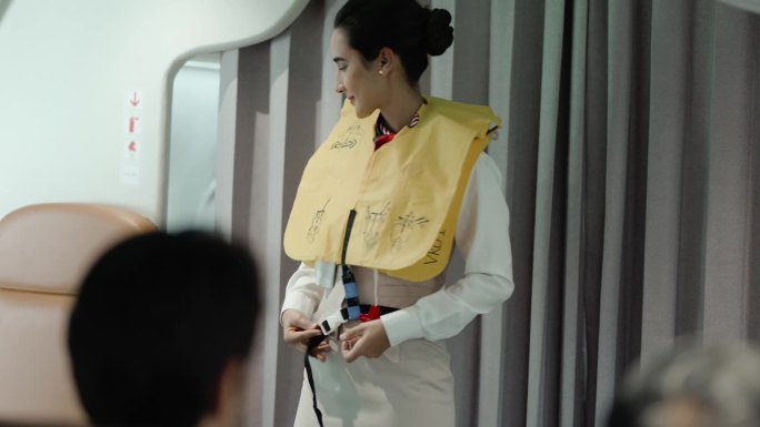 空中小姐在飞机上向乘客示范安全规则。