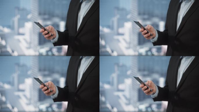白人男性企业家使用智能手机的特写镜头。成功的商人通过电子邮件，安排会议，网上聊天或购买产品