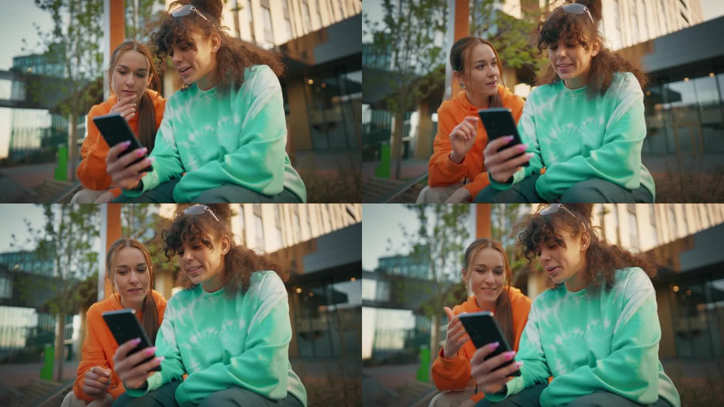 两个年轻时尚的女学生在城市街道上聊天，用智能手机浏览社交媒体帖子。两个时髦的女人讨论大学作业，最新的