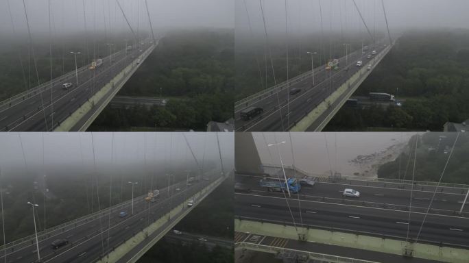 亨伯大桥在雾天的鸟瞰图，交通中断