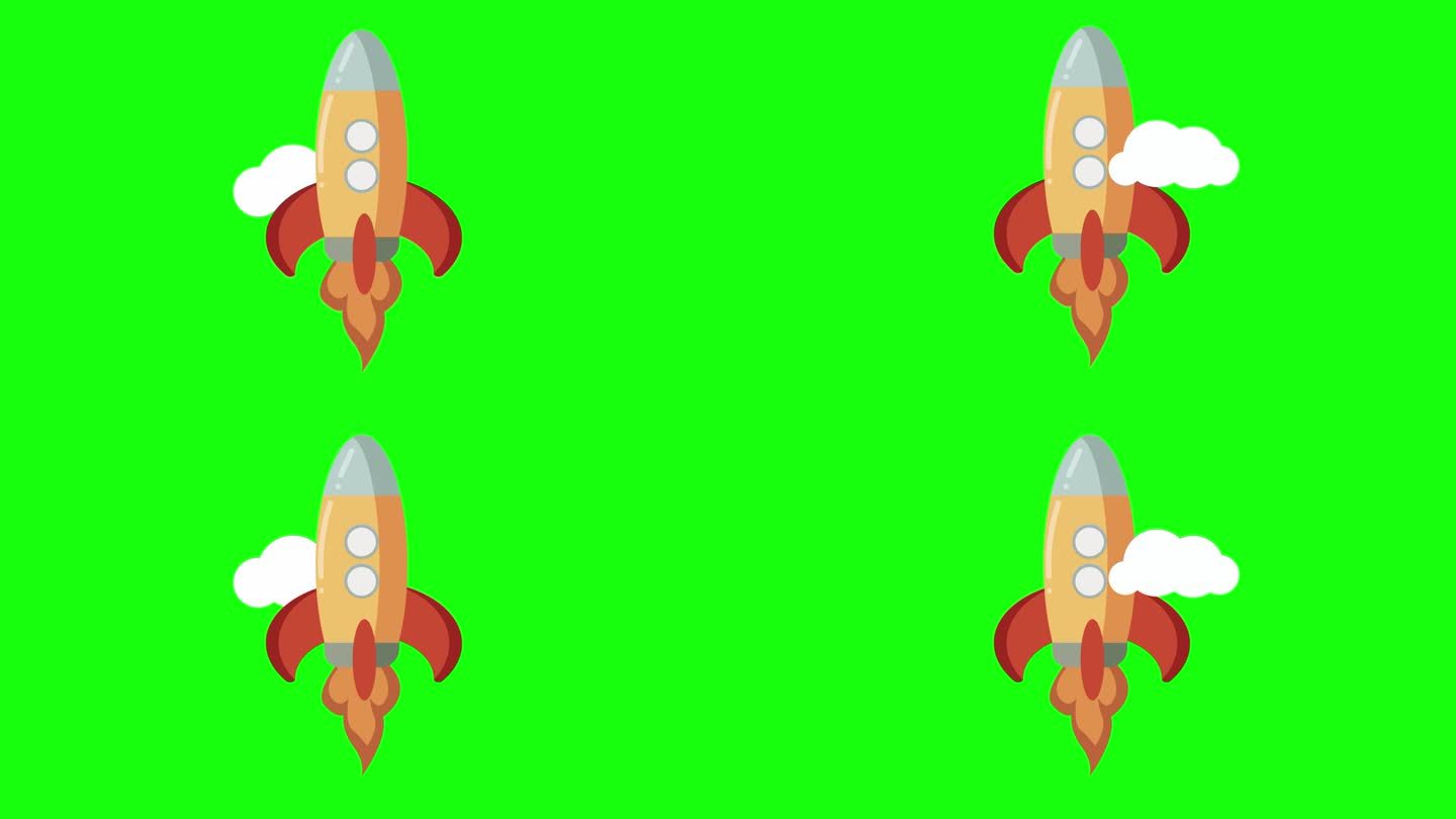 可爱的火箭飞船飞过云层，绿屏背景，循环动画