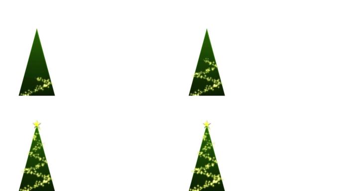 动画材料，在圣诞树上点亮金色的灯，星星和“圣诞快乐”的字样闪烁(白色背景)
