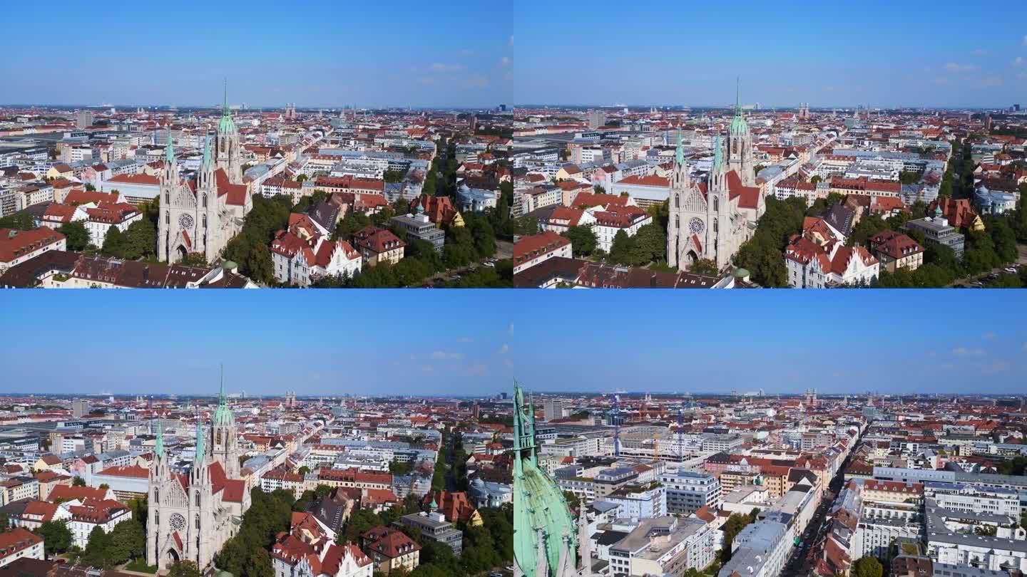 美丽的空中俯瞰飞行
2023年晴朗晴朗的天空，德国巴伐利亚小镇慕尼黑的保罗教堂。超移运动延时
4 k