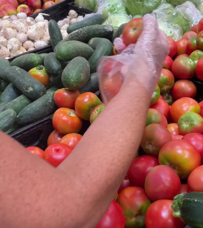 一名戴着塑料手套的妇女检查西红柿，准备去市场买。经济蔬菜概念