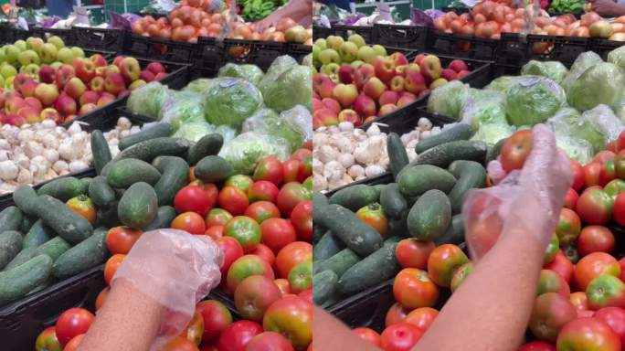一名戴着塑料手套的妇女检查西红柿，准备去市场买。经济蔬菜概念