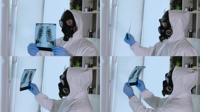 放射性对呼吸道的影响对肺部x光片的影响。一名戴着防毒面具进行化学防护的工人正在检查辐射损伤。化学实验