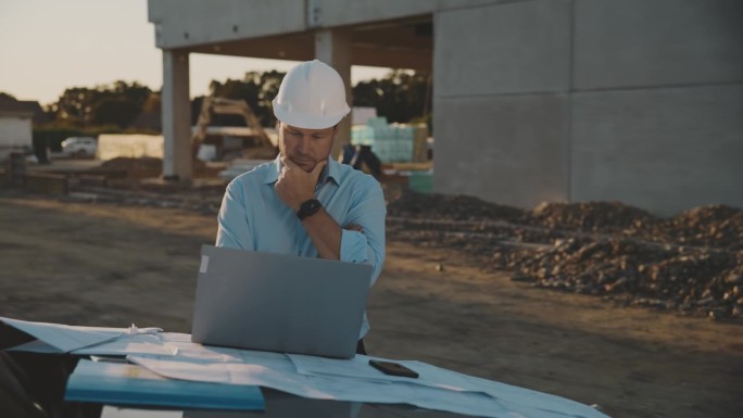 男工程师在建筑外的汽车上用笔记本电脑工作