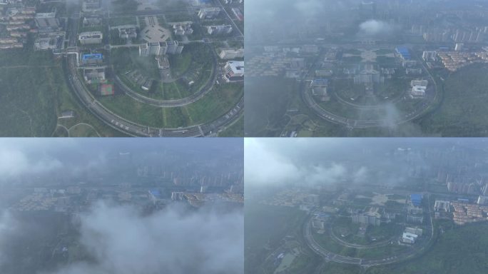 航拍枣庄市政府市政广场云雾缭绕