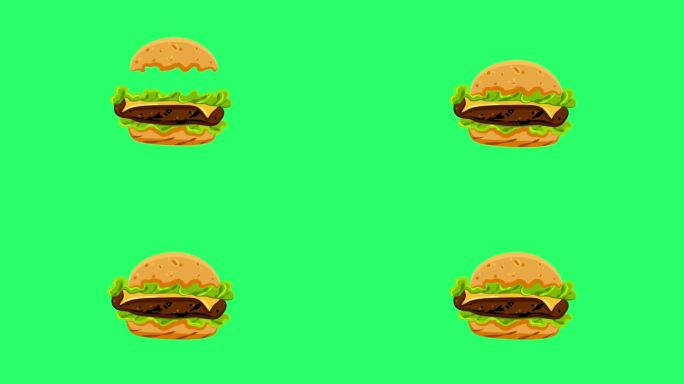 动画汉堡隔离绿色背景。
