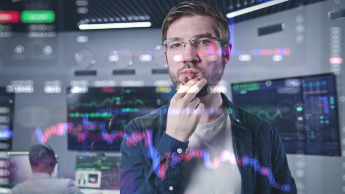 男性投资专家和3D渲染实时股票在玻璃墙上