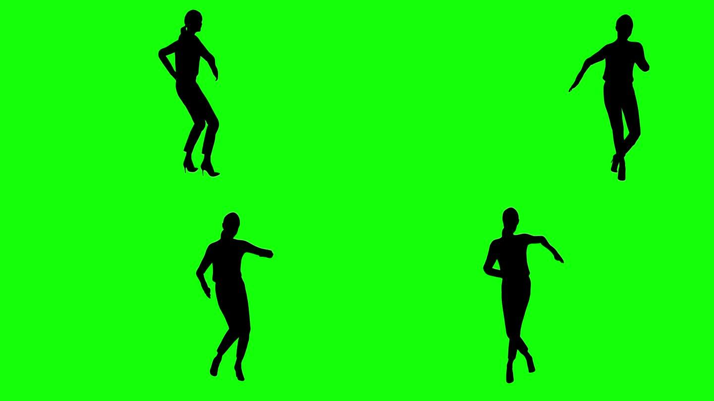 舞会上跳舞的年轻女性剪影。绿屏亮度通道