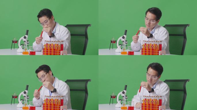 侧视图:在绿屏背景的实验室里，亚洲男性科学家用显微镜看着试管里的红色液体，在桌子上摇头