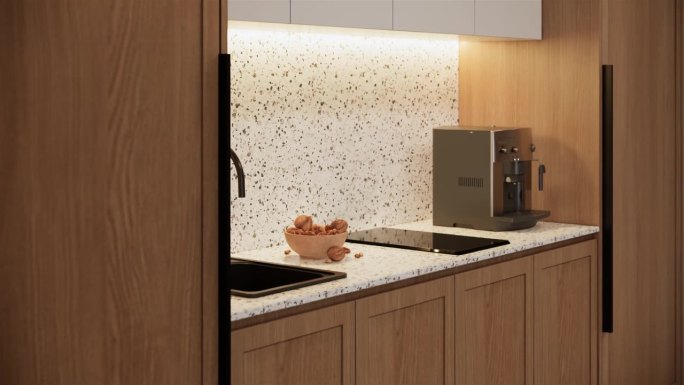 现代厨房区特写镜头。当代公寓设计。三维可视化渲染