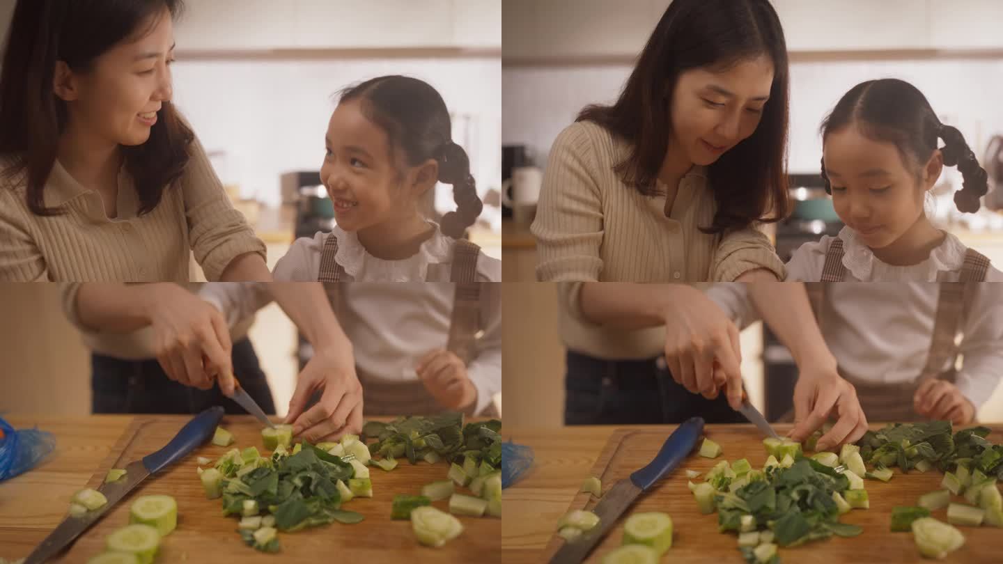 韩国妈妈和可爱的小女儿在家庭厨房一起做健康的晚餐。可爱的小女孩帮妈妈做沙拉。他们在交谈，建立感情