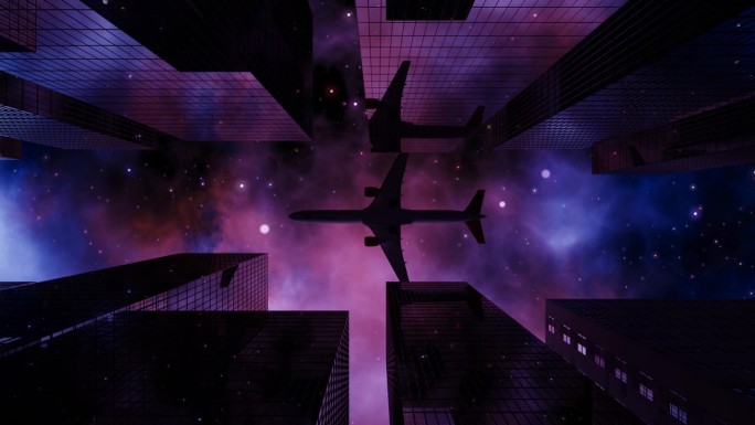 飞机在夜晚飞过城市的高楼大厦。窗玻璃反射出星星、星云和飞机