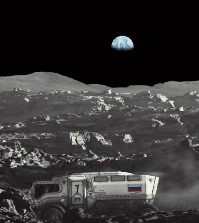 月球的太空殖民。放大带有俄罗斯国旗的月球车探索月球表面的垂直视频