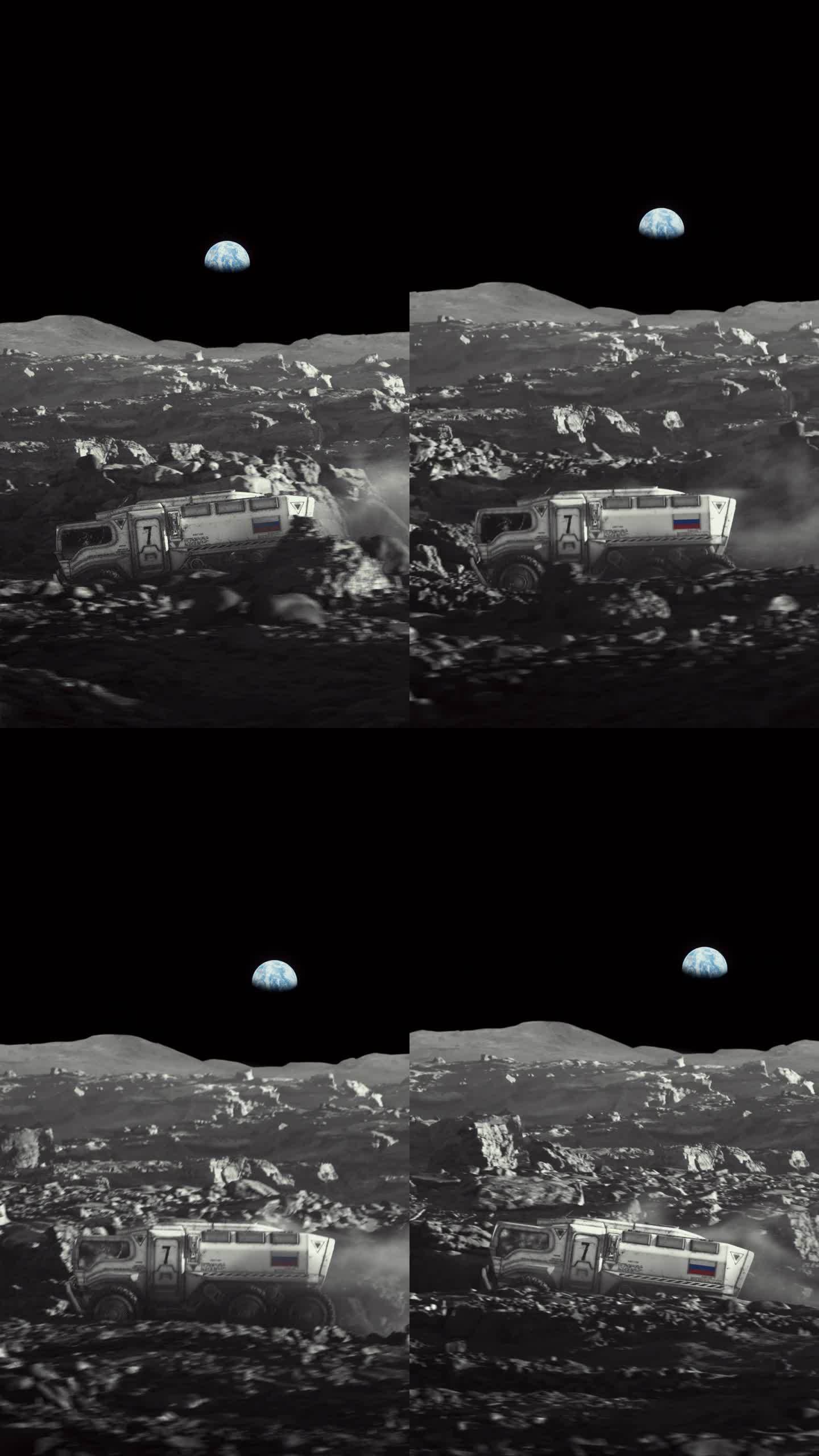 月球的太空殖民。放大带有俄罗斯国旗的月球车探索月球表面的垂直视频