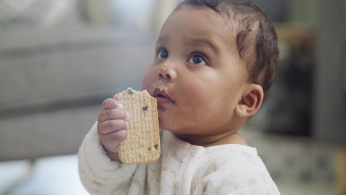 面对宝宝在家吃饼干的营养，童年成长和健康发育。可爱，年轻和饥饿的婴儿咬饼干，饼干和美味的零食，午餐和