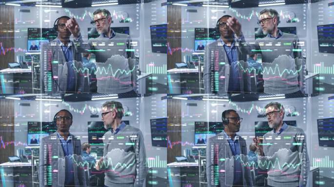 多种族金融分析师关注虚拟3D实时股票