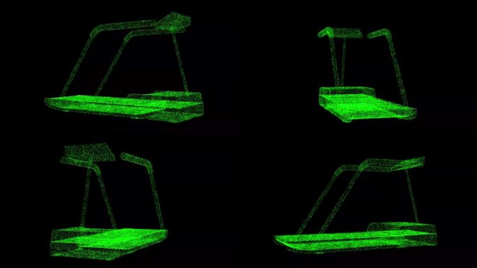 3D跑步机教练旋转黑色bg。健康生活理念。运动器材及健身器材。用于标题，文本，演示。闪闪发光的粒子。