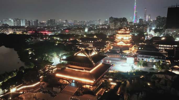 广州古风古楼新文化馆夜景航拍高清4K视频