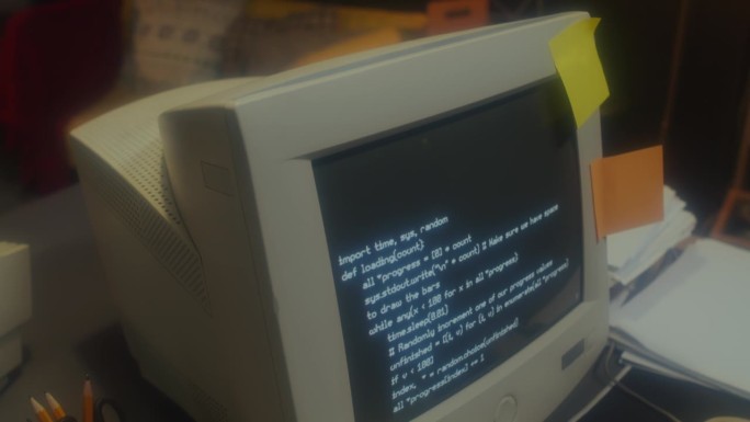 旧的桌面电脑与代码在屏幕上