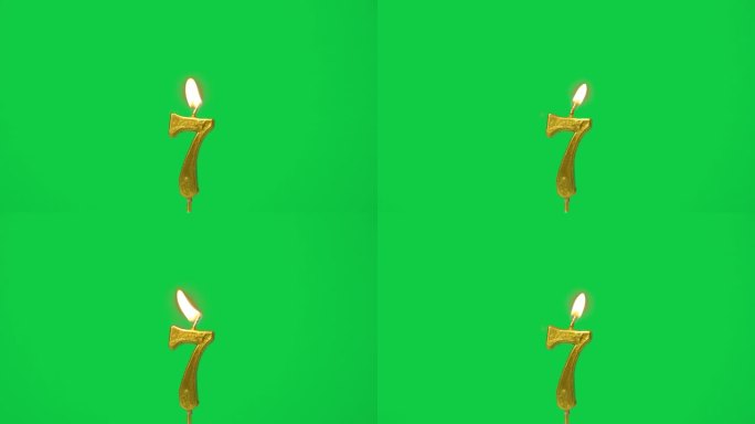 无缝循环蜡烛灯，金色蜡烛7号形状的第七年庆祝点燃。火焰在烛芯摇摆和闪烁孤立的绿色屏幕背景，水平帧率6