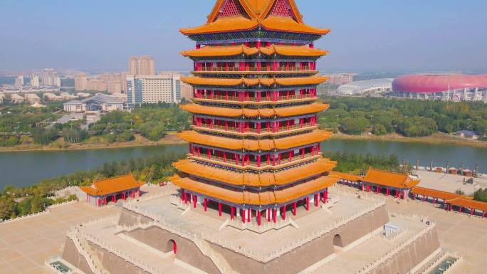 宁夏吴忠青铜峡市黄河楼航拍环绕1